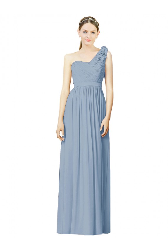 Beste Staubiges Blau A-Linien Eine-Schulter Chiffon Lange Brautjungfernkleider