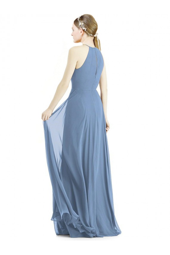 Beste Staubiges Blau A-Linien Neckholder Chiffon Lange Brautjungfernkleider
