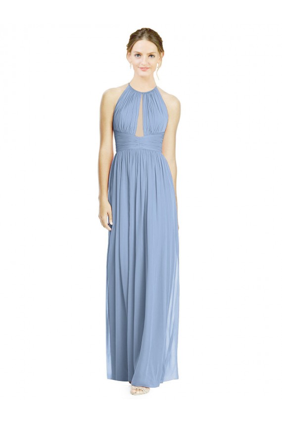 Beste Staubiges Blau A-Linien Neckholder Chiffon Lange Brautjungfernkleider