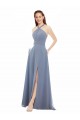 Beste Staubiges Blau A-Linien Neckholder Stehkragen Ausschnitt Chiffon Lange Brautjungfernkleider