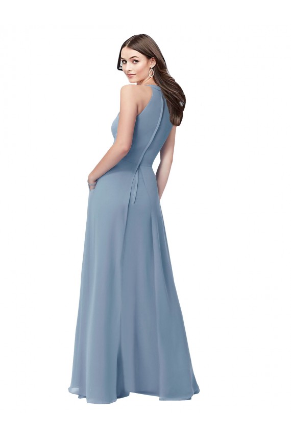 Beste Staubiges Blau A-Linien Neckholder Stehkragen Ausschnitt Chiffon Lange Brautjungfernkleider