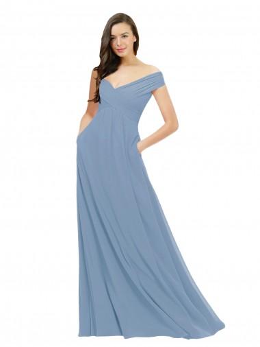 Beste Staubiges Blau A-Linien Off-Schulter Chiffon Lange Brautjungfernkleider