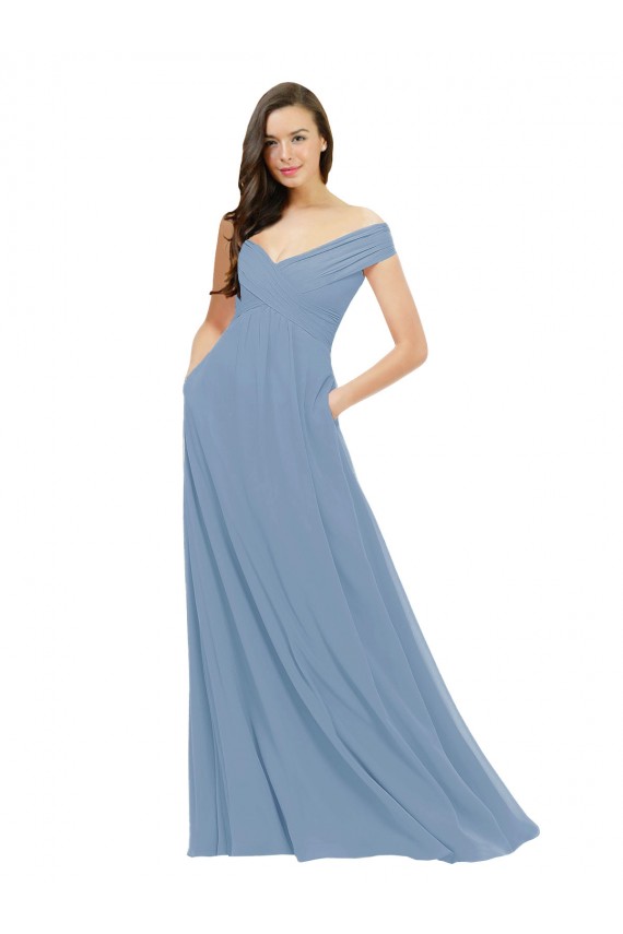 Beste Staubiges Blau A-Linien Off-Schulter Chiffon Lange Brautjungfernkleider