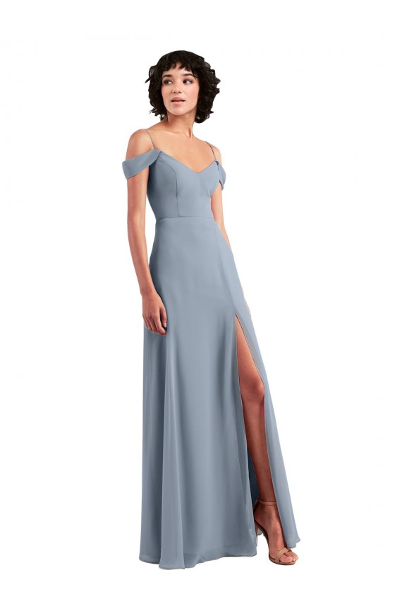 Beste Staubiges Blau A-Linien Off-Schulter Spaghetti-Träger Chiffon Lange Brautjungfernkleider