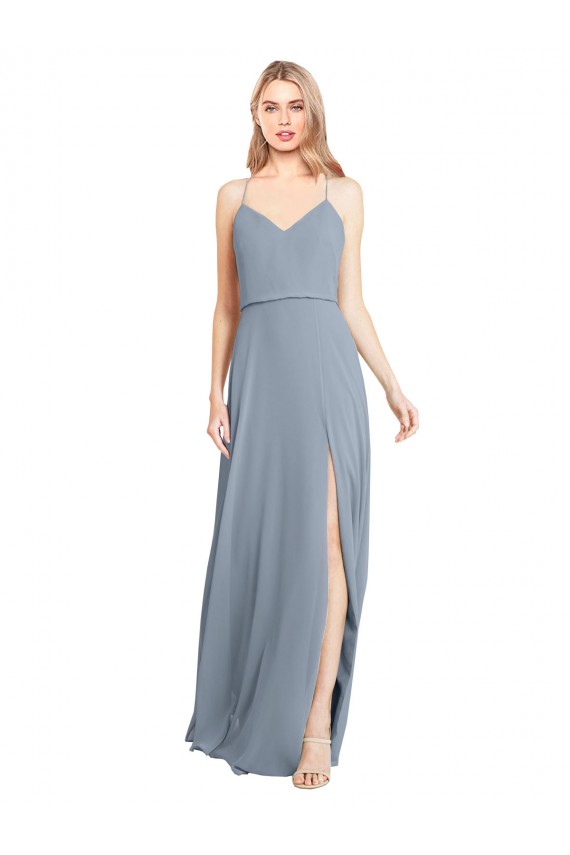 Beste Staubiges Blau A-Linien Off-Schulter Spaghetti-Träger Chiffon Lange Brautjungfernkleider