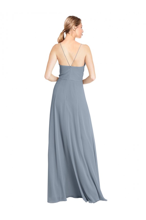Beste Staubiges Blau A-Linien Off-Schulter Spaghetti-Träger Chiffon Lange Brautjungfernkleider