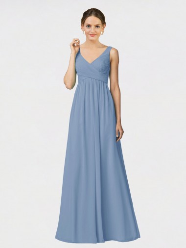 Beste Staubiges Blau A-Linien Spaghetti-Träger Chiffon Lange Brautjungfernkleider
