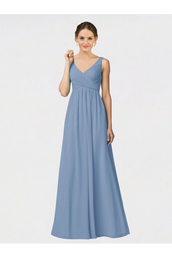 Beste Staubiges Blau A-Linien Spaghetti-Träger Chiffon Lange Brautjungfernkleider