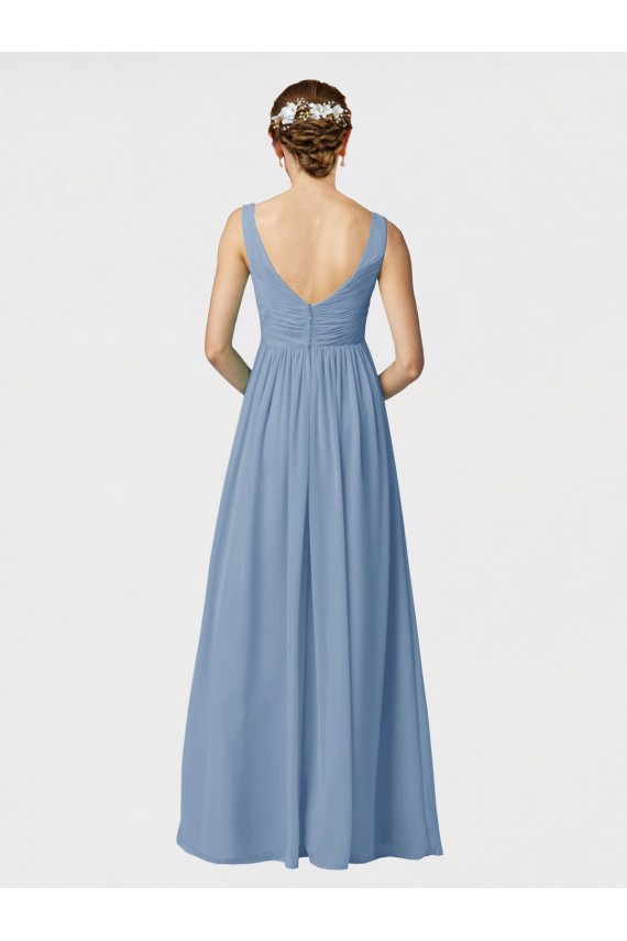 Beste Staubiges Blau A-Linien Spaghetti-Träger Chiffon Lange Brautjungfernkleider