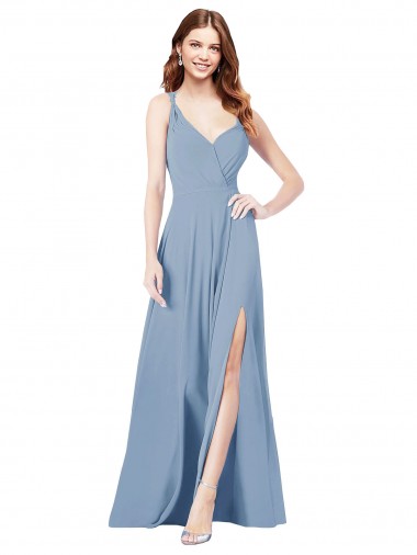 Beste Staubiges Blau A-Linien Spaghetti-Träger V-Ausschnitt Chiffon Lange Brautjungfernkleider