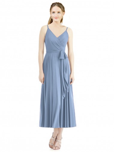Beste Staubiges Blau A-Linien Spaghetti-Träger Wadenlang Chiffon Kurze Brautjungfernkleider