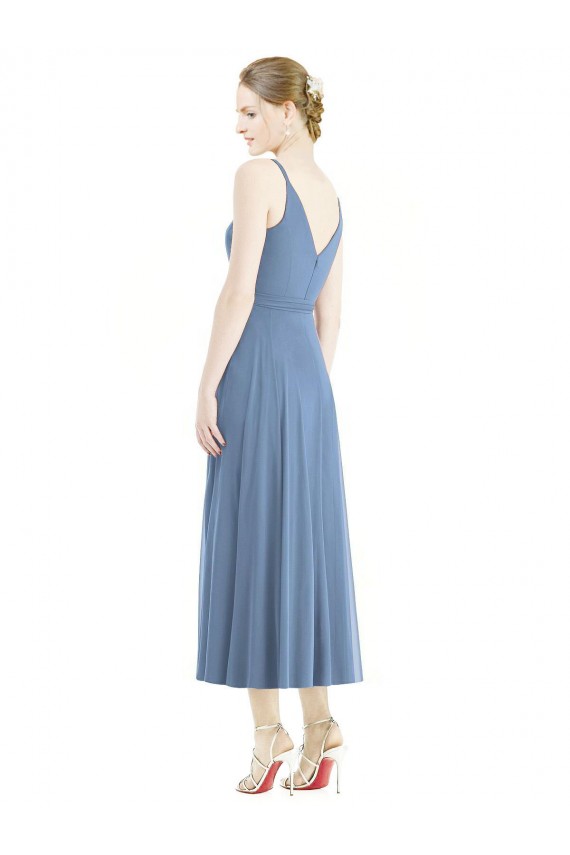 Beste Staubiges Blau A-Linien Spaghetti-Träger Wadenlang Chiffon Kurze Brautjungfernkleider