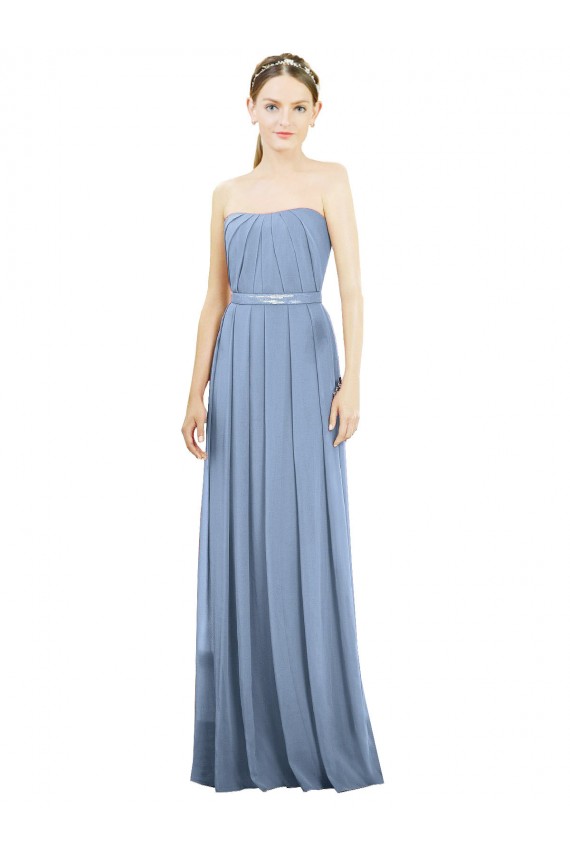 Beste Staubiges Blau A-Linien Trägerlos Chiffon Lange Brautjungfernkleider