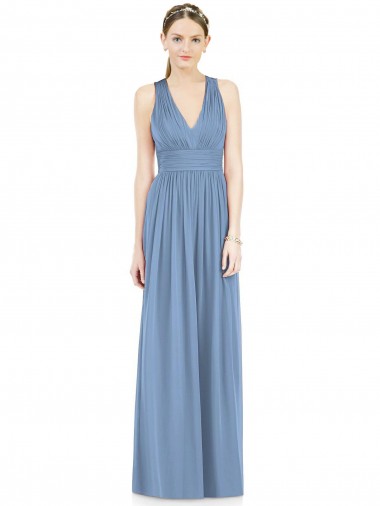 Beste Staubiges Blau A-Linien V-Ausschnitt Chiffon Lange Brautjungfernkleider