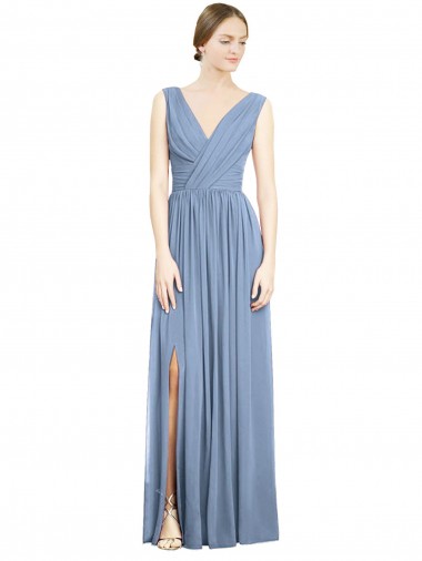 Beste Staubiges Blau A-Linien V-Ausschnitt Chiffon Lange Brautjungfernkleider
