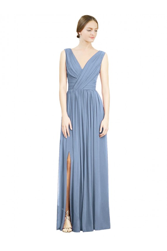 Beste Staubiges Blau A-Linien V-Ausschnitt Chiffon Lange Brautjungfernkleider