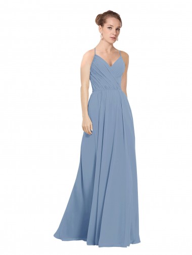 Beste Staubiges Blau A-Linien V-Ausschnitt Chiffon Lange Brautjungfernkleider