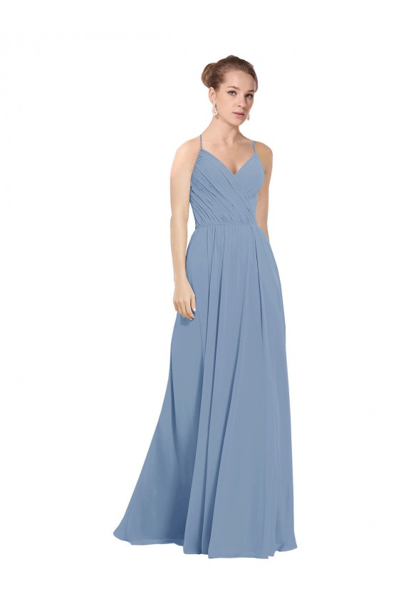 Beste Staubiges Blau A-Linien V-Ausschnitt Chiffon Lange Brautjungfernkleider