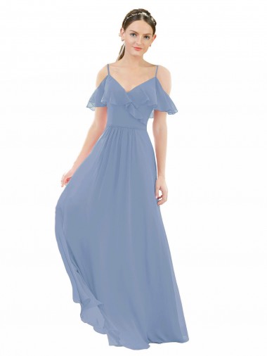 Beste Staubiges Blau A-Linien V-Ausschnitt Chiffon Lange Brautjungfernkleider