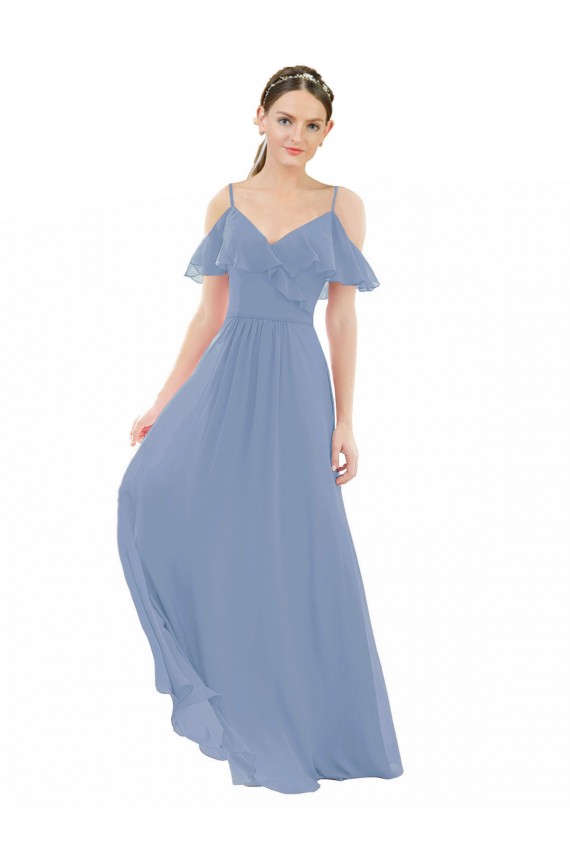 Beste Staubiges Blau A-Linien V-Ausschnitt Chiffon Lange Brautjungfernkleider