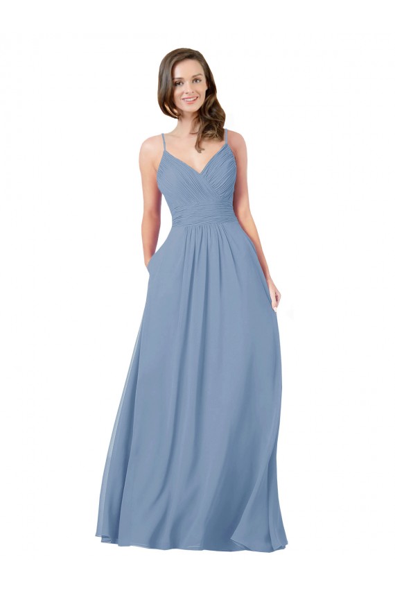 Beste Staubiges Blau A-Linien V-Ausschnitt Chiffon Lange Brautjungfernkleider