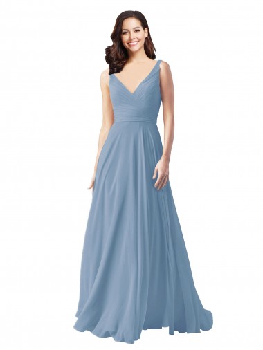 Beste Staubiges Blau A-Linien V-Ausschnitt Chiffon Lange Brautjungfernkleider