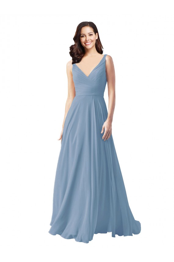 Beste Staubiges Blau A-Linien V-Ausschnitt Chiffon Lange Brautjungfernkleider