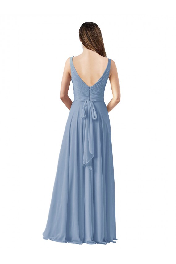 Beste Staubiges Blau A-Linien V-Ausschnitt Chiffon Lange Brautjungfernkleider