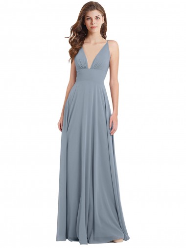 Beste Staubiges Blau A-Linien V-Ausschnitt Chiffon Lange Brautjungfernkleider