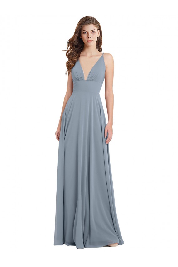 Beste Staubiges Blau A-Linien V-Ausschnitt Chiffon Lange Brautjungfernkleider