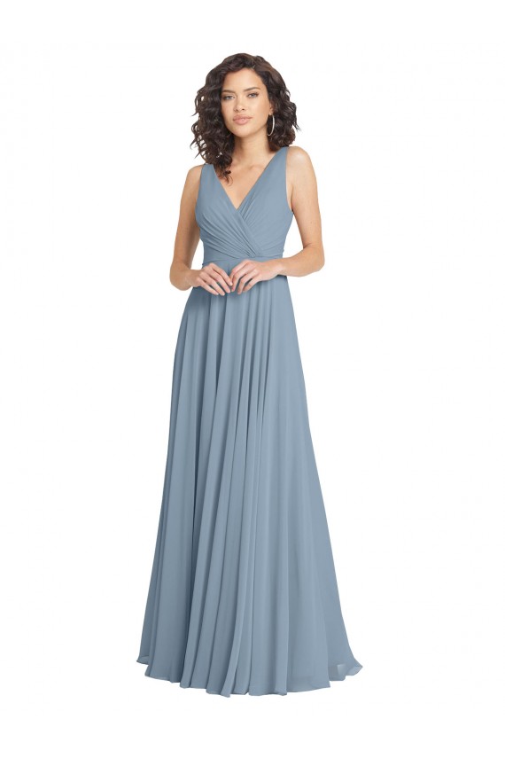 Beste Staubiges Blau A-Linien V-Ausschnitt Chiffon Lange Brautjungfernkleider