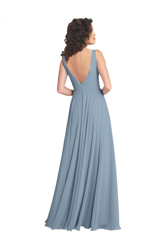 Beste Staubiges Blau A-Linien V-Ausschnitt Chiffon Lange Brautjungfernkleider