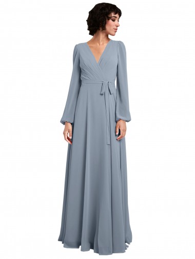 Beste Staubiges Blau A-Linien V-Ausschnitt Chiffon Lange Brautjungfernkleider