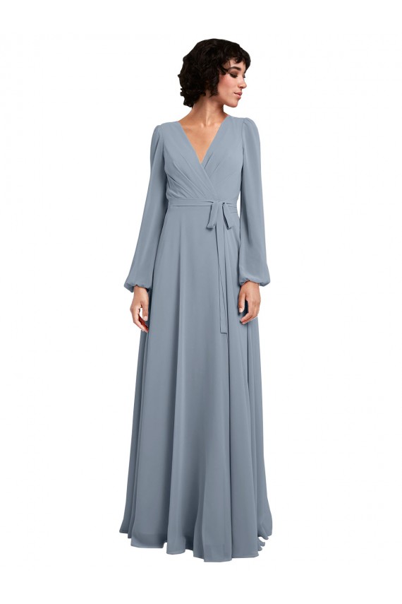 Beste Staubiges Blau A-Linien V-Ausschnitt Chiffon Lange Brautjungfernkleider