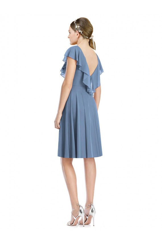 Beste Staubiges Blau A-Linien V-Ausschnitt Knielang Cocktail Chiffon Kurze Brautjungfernkleider