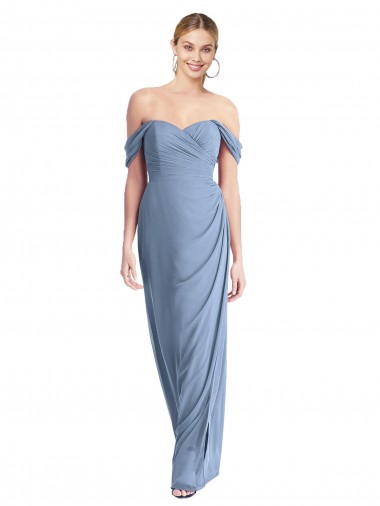 Beste Staubiges Blau Meerjungfrau Off-Schulter Chiffon Lange Brautjungfernkleider