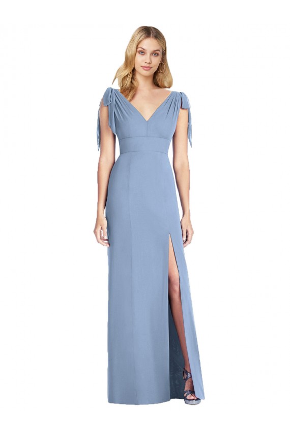 Beste Staubiges Blau Meerjungfrau V-Ausschnitt Chiffon Lange Brautjungfernkleider