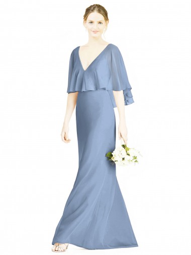 Beste Staubiges Blau Trompete V-Ausschnitt Chiffon Lange Brautjungfernkleider