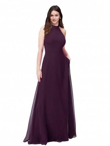 Beste Traube A-Linien Neckholder Stehkragen Ausschnitt Chiffon Lange Brautjungfernkleider
