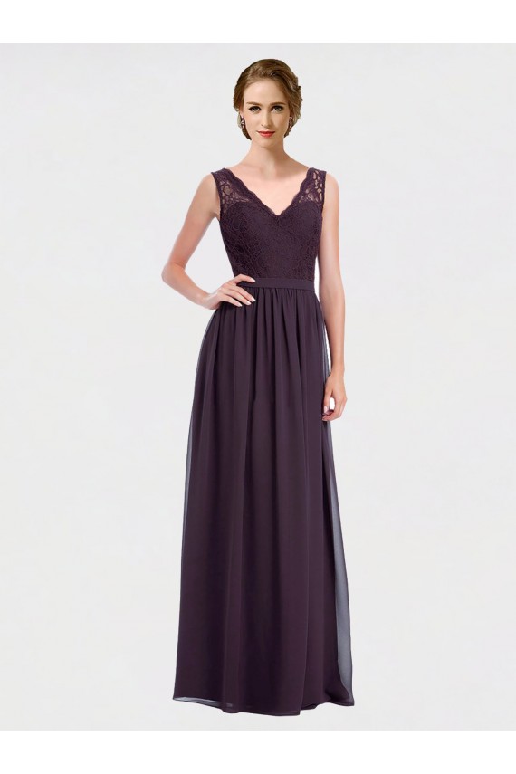 Beste Traube A-Linien V-Ausschnitt Chiffon Spitze Lange Brautjungfernkleider