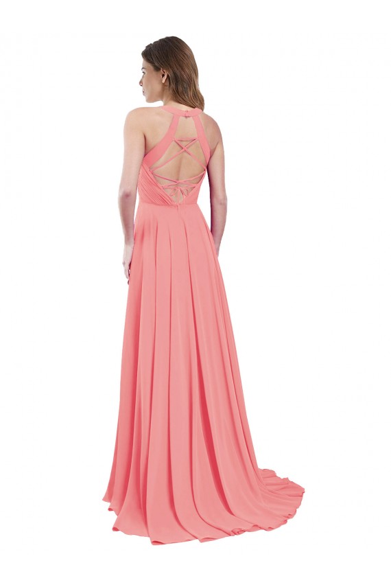 Beste Wassermelone A-Linien Neckholder Chiffon Lange Brautjungfernkleider