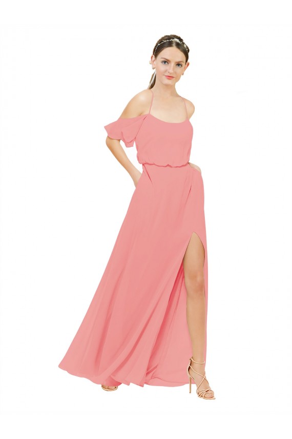 Beste Wassermelone A-Linien Off-Schulter Chiffon Lange Brautjungfernkleider