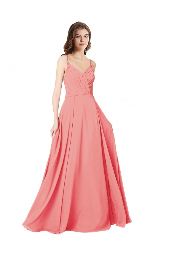 Beste Wassermelone A-Linien V-Ausschnitt Chiffon Lange Brautjungfernkleider