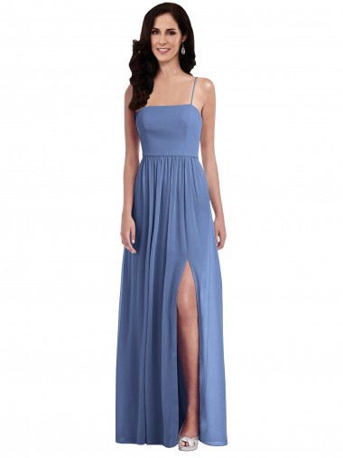 Beste Windsor Blau A-Linien Spaghetti-Träger Chiffon Lange Brautjungfernkleider